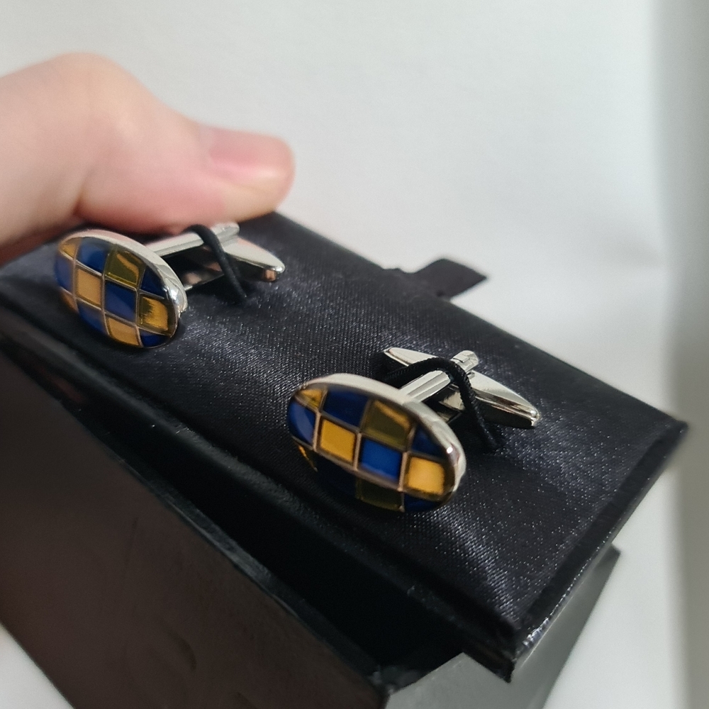 Blaq Mens Cuff Links Checked Cufflinks Silver Blue Yellow - Picture 7 of 7
